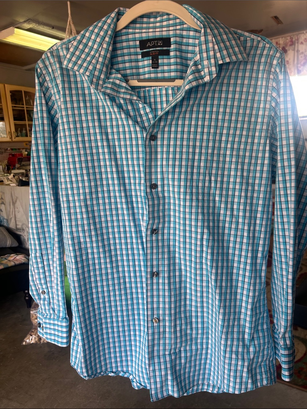 Apt. 9 Teal, Black and White Plaid Long-Sleeve Button-Down Shirt